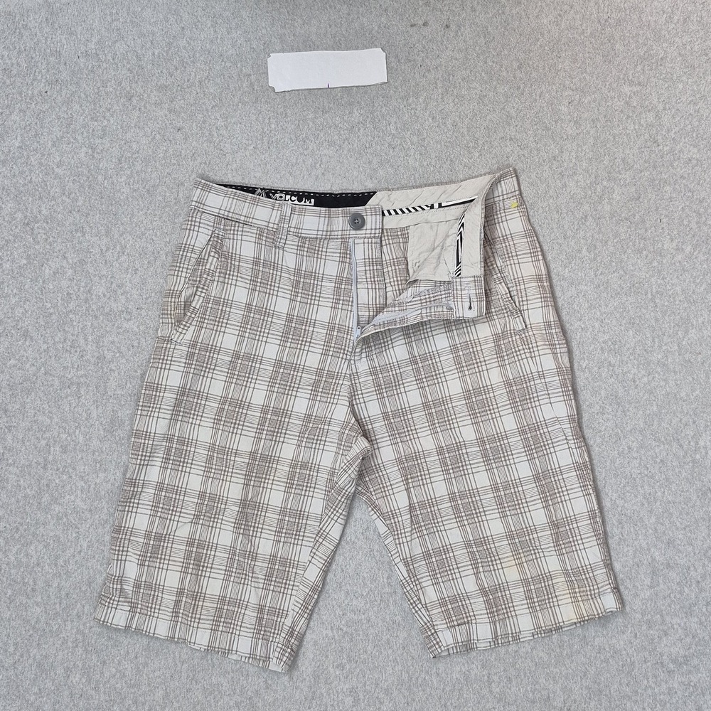 Volcom Men Shorts 32 Beige Embroidered Plaid Chino Grunge Skater Surf Y2K